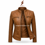 Cognac racer jacket catalog image with 4-pocket layout, stand collar, front zipper and smooth leather finish