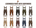 Dark brown Oktoberfest lederhosen set with knee-length pants, embroidered front bib, matching chest strap, metal buckles, and lace-up leg ties