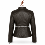 Dark brown stand collar leather jacket wholesale catalog image with snap neck closure and tailored body seams