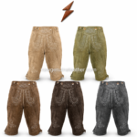 Embroidered leather lederhosen shorts collection with suede-style finish, front flap bib, contrast piping, and tan olive brown grey color range