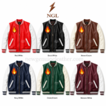 Wholesale flame patch varsity leather jacket for OEM buyers with red white color combination, front zipper, leather texture, and custom branding options.