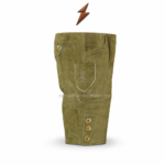 Olive suede lederhosen shorts featuring Bavarian front bib panels, decorative white stitching, curved pockets, and button side details
