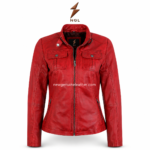 Red leather biker jacket product image showing black inner lining, open front zipper and NGL inner collar logo