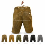 NGL suede Oktoberfest lederhosen shorts with brown suede finish, rear pocket button detail, traditional embroidery, and newgenuineleather.com watermark