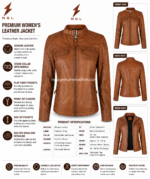 Tan buckle leather jacket product image showing black inner lining, open front zipper and quilted shoulder panels