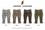 NGL distressed Bavarian leather lederhosen with decorative button waist, floral embroidery, contrast seams, lace-tie cuffs, and premium studio setup