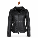 Women’s black leather jacket wholesale design with tailored body seams, long sleeves and centered