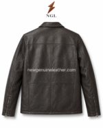 Natural milled leather jacket in dark brown with shirt collar, front zipper, and side hand pockets