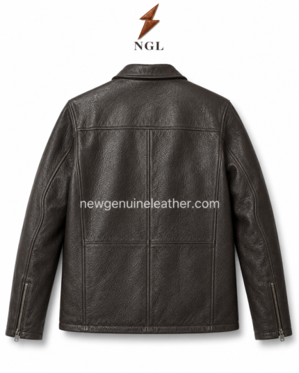 Natural milled leather jacket in dark brown with shirt collar, front zipper, and side hand pockets