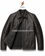 Natural milled leather jacket product specs image with quilted black lining and dark brown textured leather