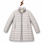Olive and brown long quilted puffer jacket options with padded construction, front zipper, stand collar, and clean product layout