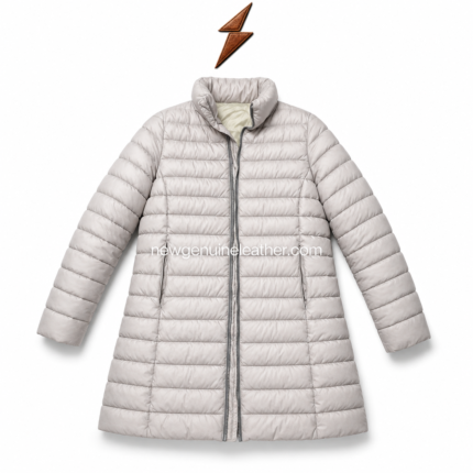 Olive and brown long quilted puffer jacket options with padded construction, front zipper, stand collar, and clean product layout