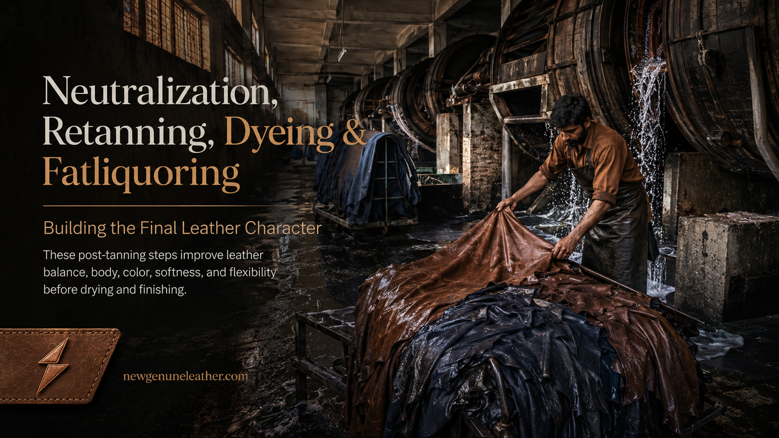 Leather hides being treated after shaving through neutralization, retanning, dyeing and fatliquoring for premium leather processing at newgenuneleather.com