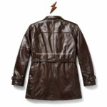 Three belted leather trench coat options displayed in brown, black, and tan with stitched panels