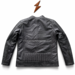 pocket black cafe racer leather jacket with full front zipper, textured leather finish, NGL logo, and centered website