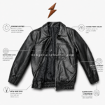 Premium black leather bomber jacket with elastic cuffs, front zipper, and leather texture detail