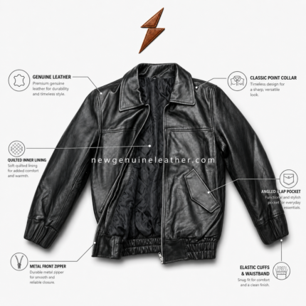 Premium black leather bomber jacket with elastic cuffs, front zipper, and leather texture detail