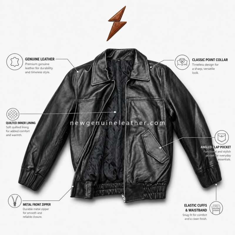 Premium black leather bomber jacket with elastic cuffs, front zipper, and leather texture detail