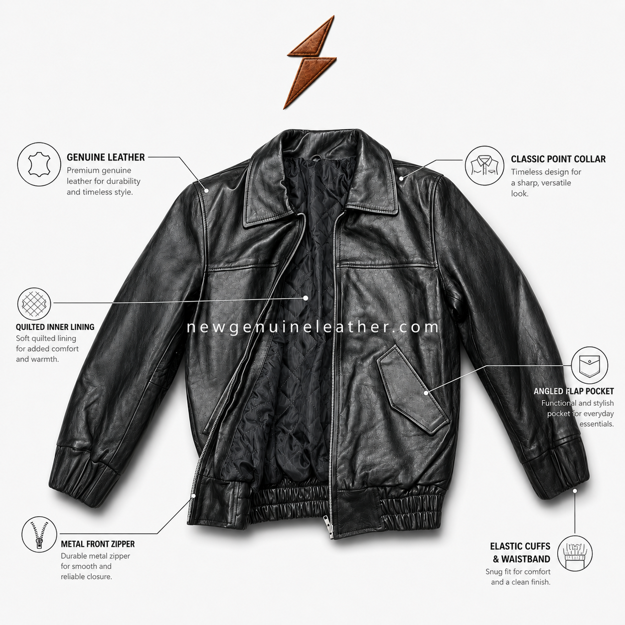 OEM Black Leather Bomber Jacket Premium black leather bomber jacket with elastic cuffs, front zipper, and leather texture detail