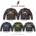 Black orange racing leather jacket with NGL logo placement and centered website watermark