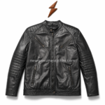 Wholesale black quilted biker leather jacket displayed on a white background with logo placement and website watermark.