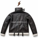Black shearling leather jacket front view with white collar lining, front zipper, angled zip pockets, belt straps,