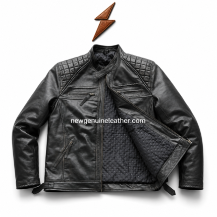 Quilted leather racing jacket front view with stand collar, chest zip pockets, angled hand pockets, and visible inner quilted lining