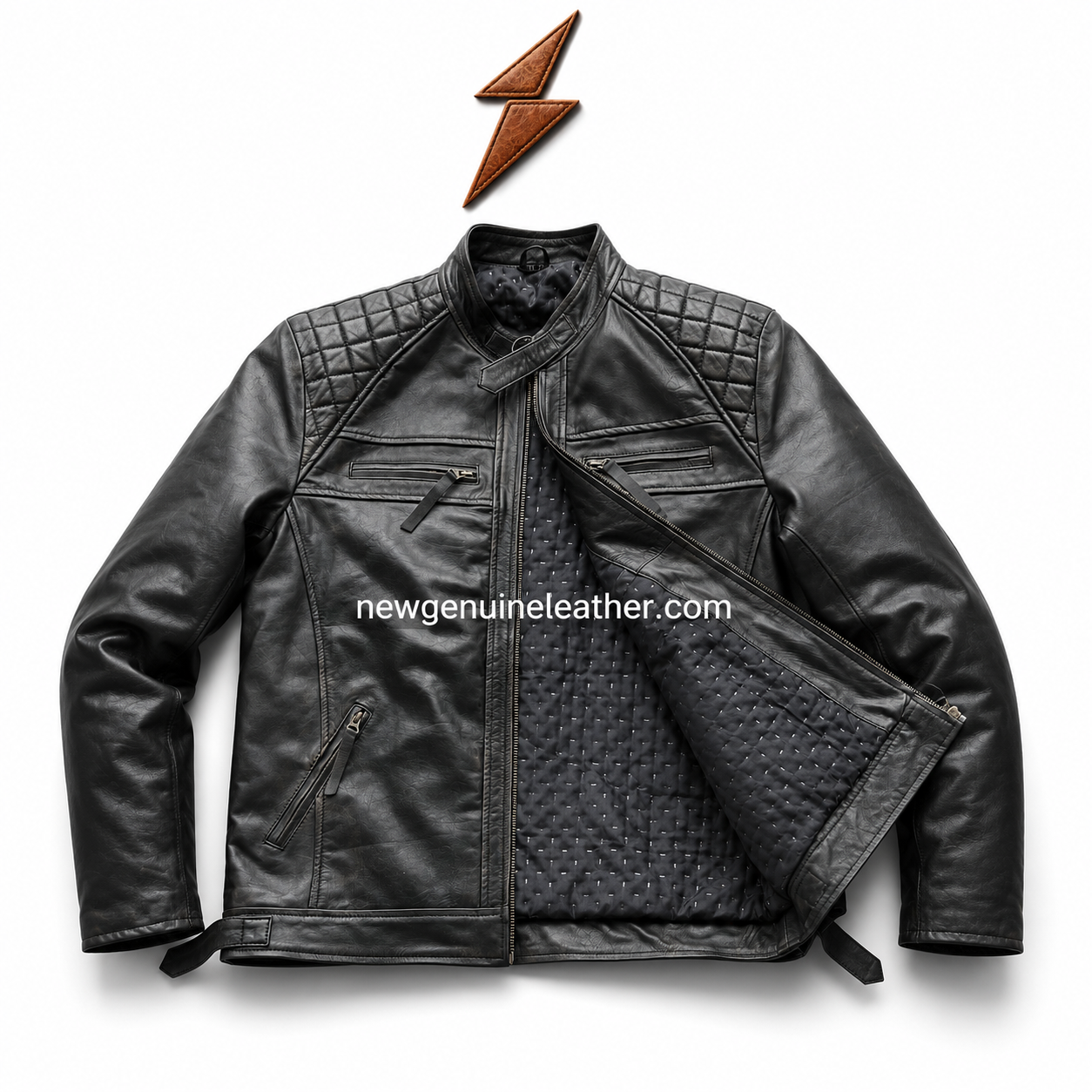 OEM Quilted Leather Racing Jacket Quilted leather racing jacket front view with stand collar, chest zip pockets, angled hand pockets, and visible inner quilted lining