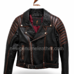 Quilted shoulder biker jacket wholesale design with black leather body, brown ribbed shoulders, and red lining