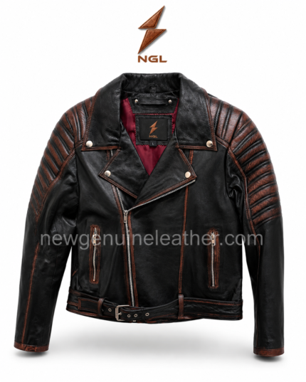 Quilted shoulder biker jacket wholesale design with black leather body, brown ribbed shoulders, and red lining