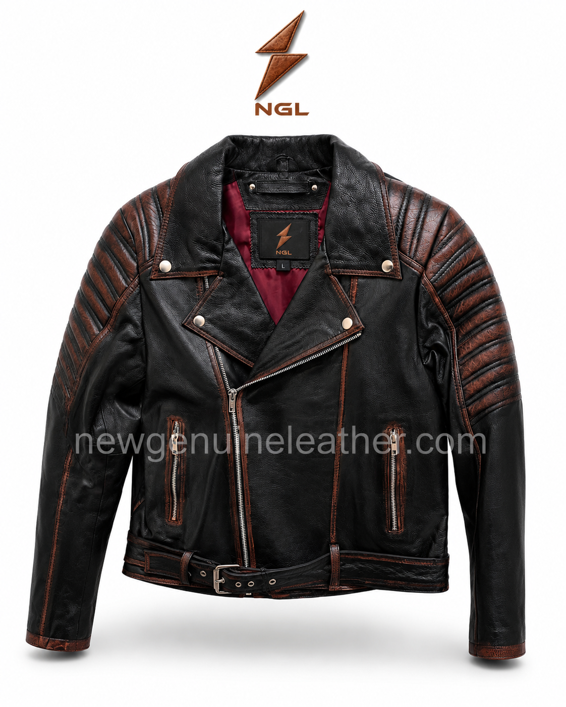 OEM Quilted Shoulder Biker Jacket Color Options Quilted shoulder biker jacket wholesale design with black leather body, brown ribbed shoulders, and red lining