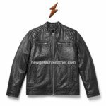 Multi color quilted leather jacket with diamond shoulder panels, front zipper design, and labeled color
