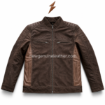 Two tone leather biker jacket in dark brown and tan with front zipper, chest zip pockets, quilted shoulders, and NGL logo placement