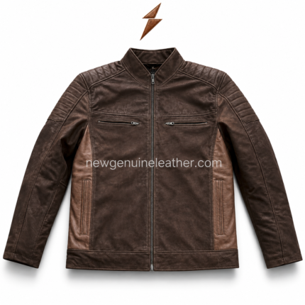 Two tone leather biker jacket in dark brown and tan with front zipper, chest zip pockets, quilted shoulders, and NGL logo placement