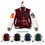 Maroon women’s patch varsity jacket with three visible patches including black P chest patch, grey 9 sleeve patch, and orange flame patch.