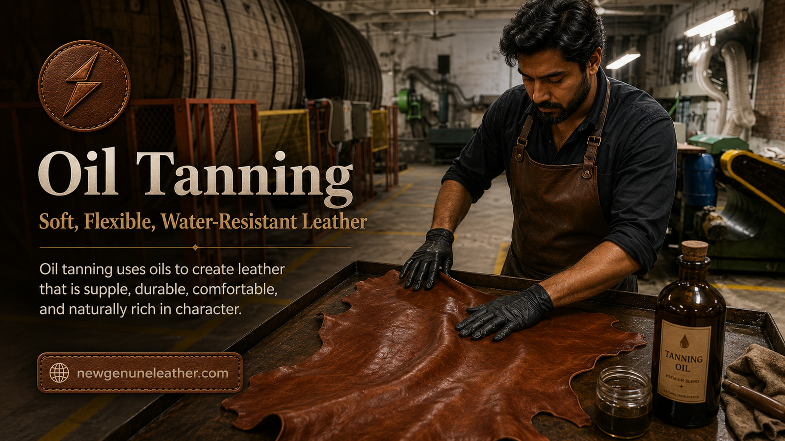 Oil-tanned leather hides being treated to create soft, flexible, and water-resistant premium leather at newgenuneleather.com