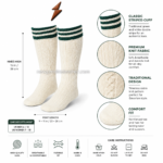 Bavarian knee high socks for Oktoberfest featuring cream ribbed knit body and dark green cuff stripes