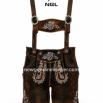 Oktoberfest embroidered leather lederhosen with suspenders, decorative buckles and traditional front flap design