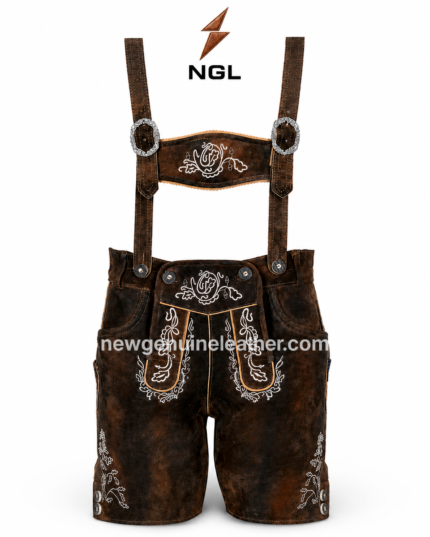 Oktoberfest embroidered leather lederhosen with suspenders, decorative buckles and traditional front flap design
