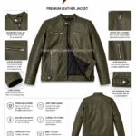 Olive biker jacket back view with vertical panel stitching and smooth green leather finish