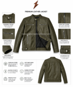 Olive biker jacket back view with vertical panel stitching and smooth green leather finish