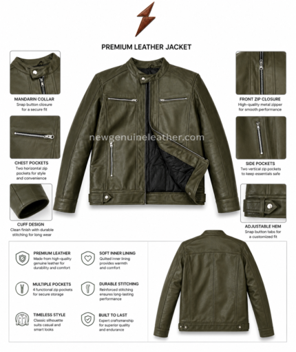 Olive biker jacket back view with vertical panel stitching and smooth green leather finish