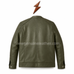 Olive biker jacket with snap cuffs, stitched hem, and minimal back panel design