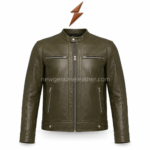 Olive biker jacket showing smooth leather grain, shoulder seams, and structured sleeve design