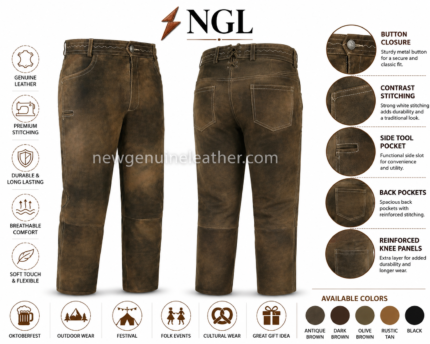 Olive brown leather lederhosen pants with side pocket and reinforced knee panels