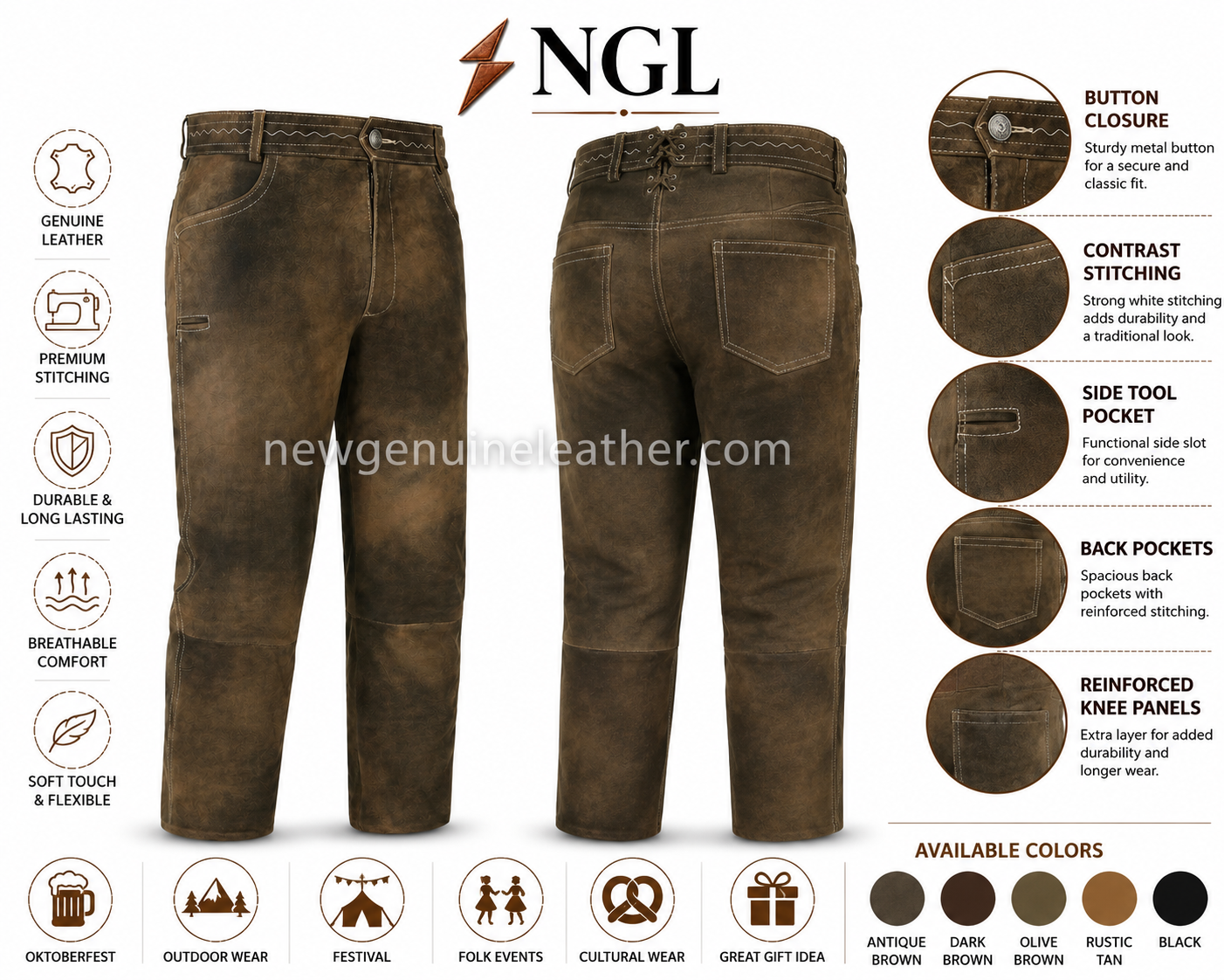 Olive Brown Leather Lederhosen Pants Front View Olive brown leather lederhosen pants with side pocket and reinforced knee panels
