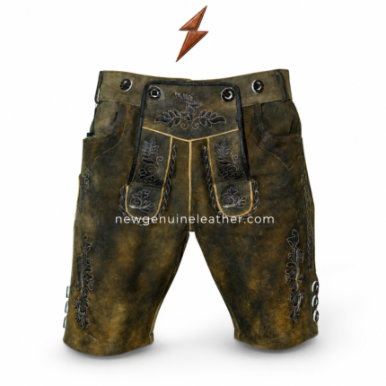 Distressed olive green Bavarian leather shorts with front flap bib, black embroidery, metal buttons, contrast trim, and newgenuineleather.com