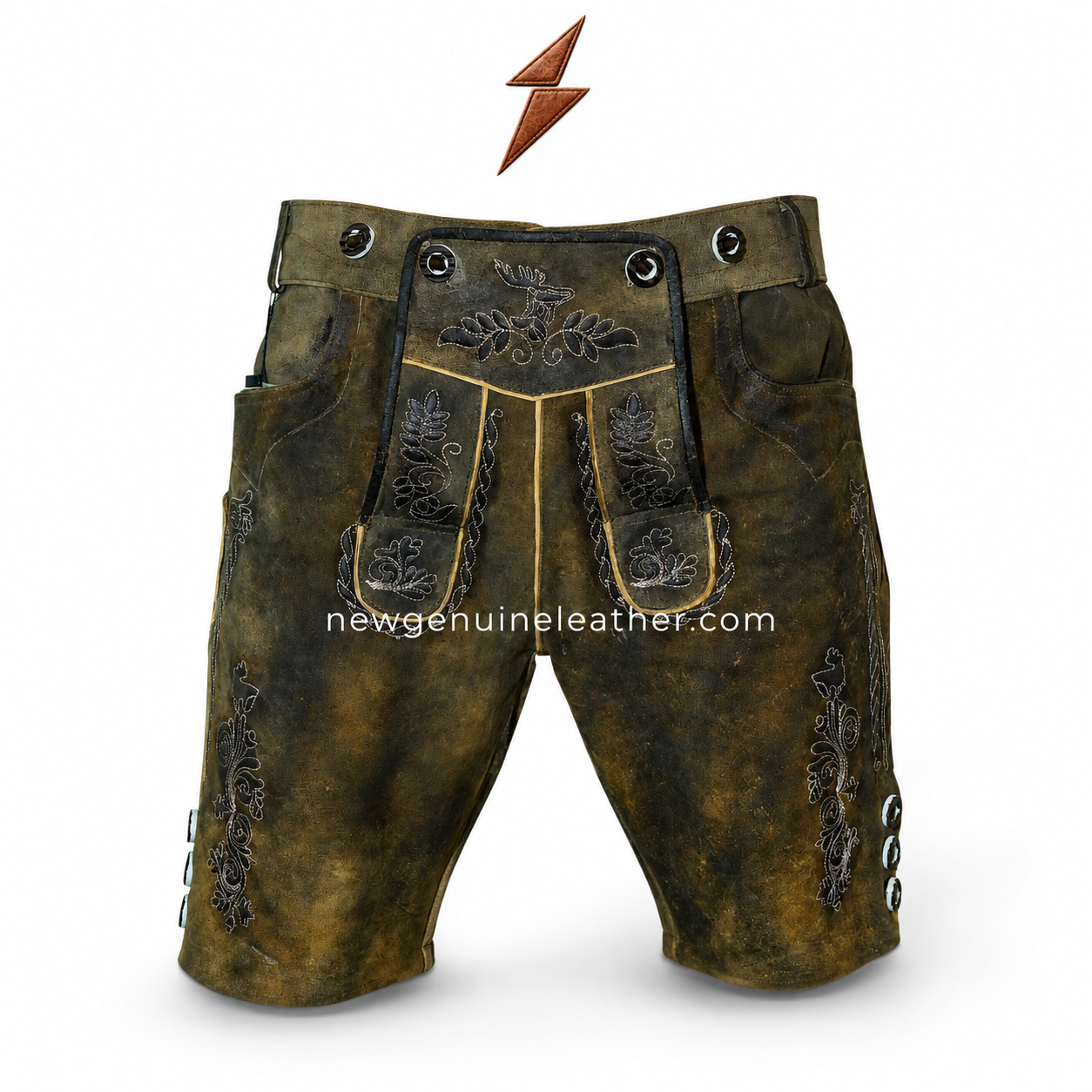 Olive Green Lederhosen Colour Range Image Distressed olive green Bavarian leather shorts with front flap bib, black embroidery, metal buttons, contrast trim, and newgenuineleather.com