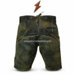 NGL olive green lederhosen shorts with washed suede leather texture, embroidered bib panels, metal buttons, black trim, and premium
