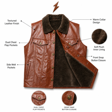 Burgundy shearling leather vest with wine leather body, dark collar, button closure, stitched seams, and wholesale outerwear design